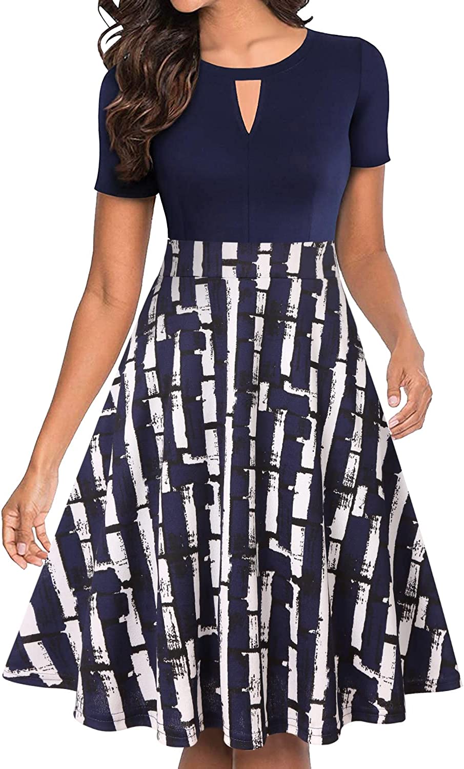 IHOT Women's Vintage Floral Flared A-Line Swing Casual Party Dresses with Pockets