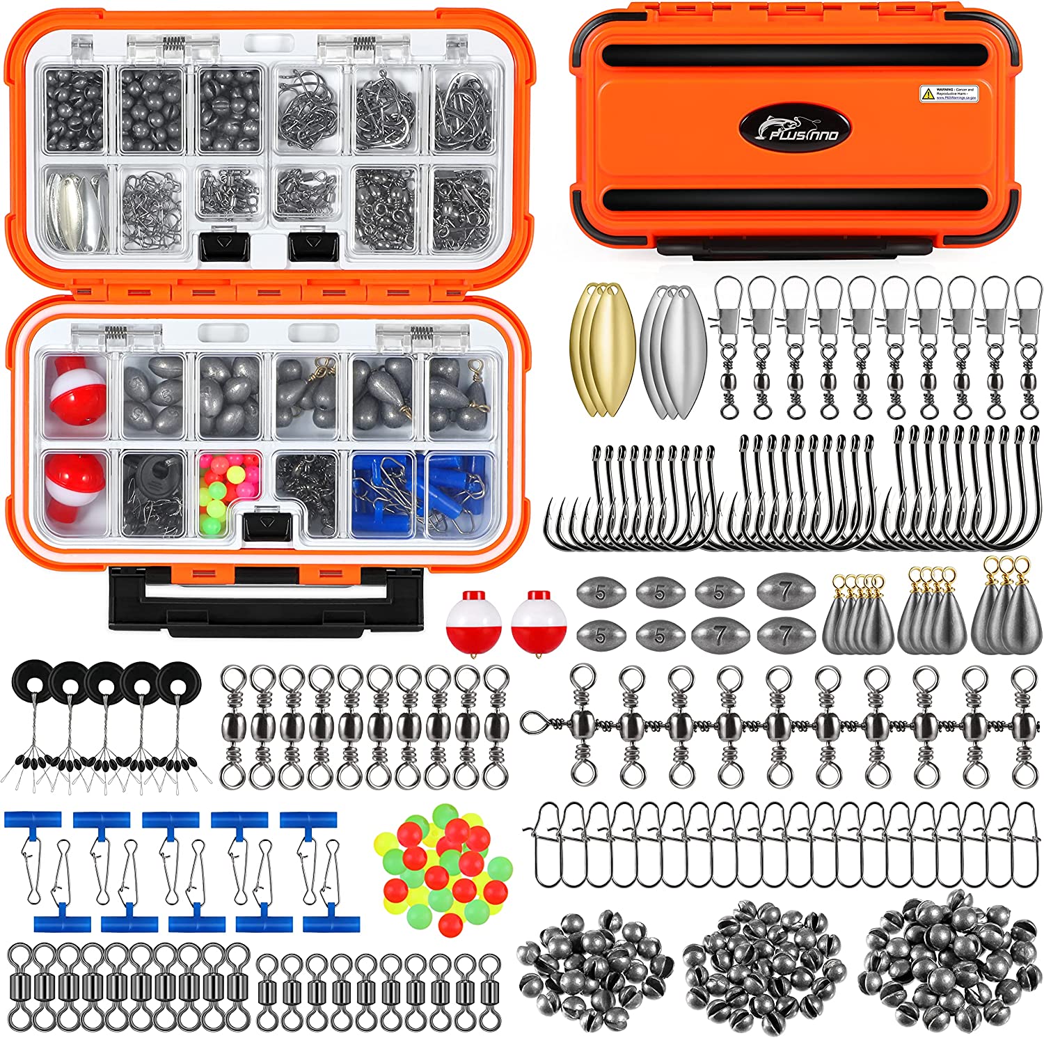 PLUSINNO 253/108pcs Fishing Accessories Kit, Fishing Tackle Box with Tackle Included, Fishing Lures, Fishing Hooks, Spinner Blade, Fishing Gear for Bass, Bluegill, Crappie
