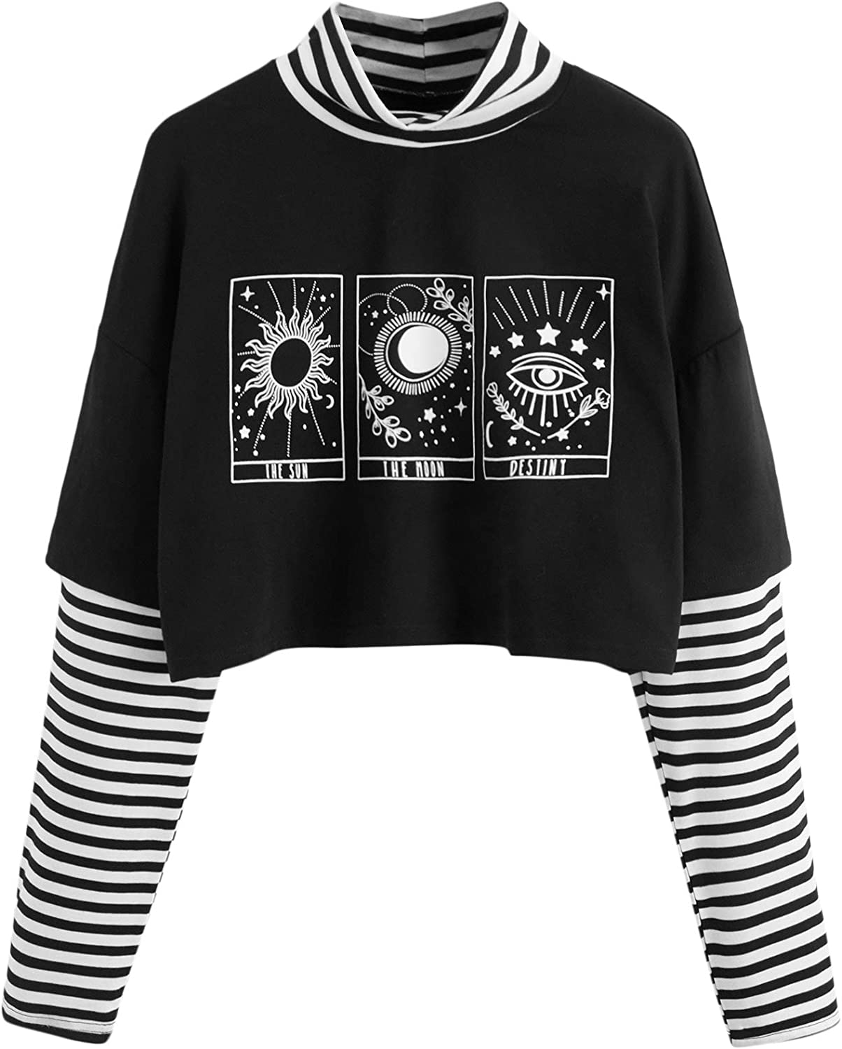 SweatyRocks Women's Color Block Butterfly Print Striped Long Sleeve Crop Top T Shirt