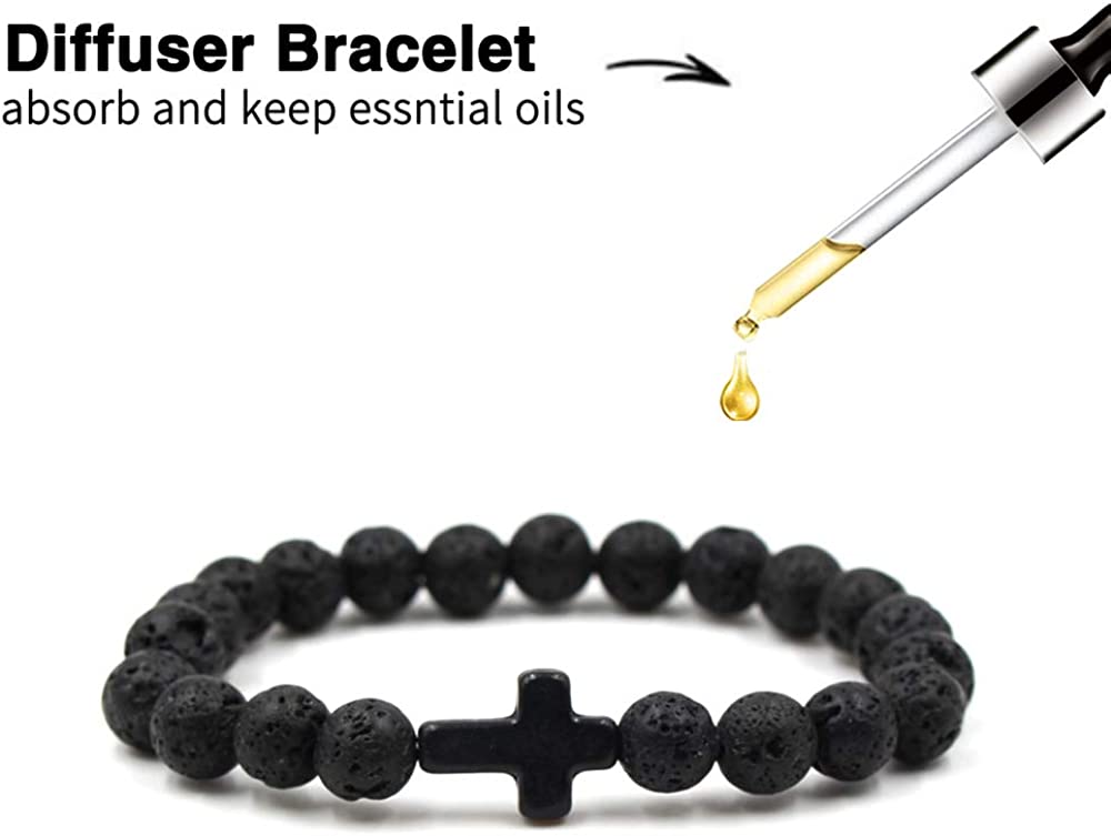 Softones 4PCS Cross Beads Bracelet for Men Women 8mm Healing Lava Stone Stretch Bracelets,7.5"