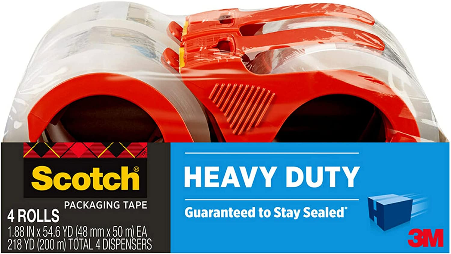 Scotch Heavy Duty Packaging Tape, 1.88" x 54.6 yd, Designed for Packing, Shipping and Mailing, Strong Seal on All Box Types, 3" Core, Clear, 4 Rolls (3850-4RD)
