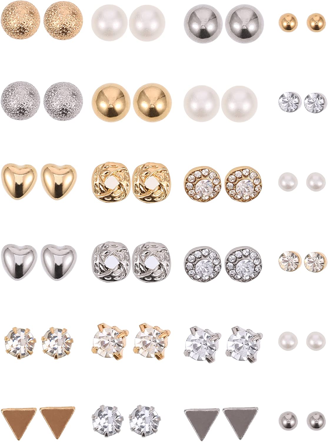 BBTO 24 Pairs Stud Earrings Crystal Pearl Earring Set Ear Stud Jewelry for Girls Women Men, Silver and Gold