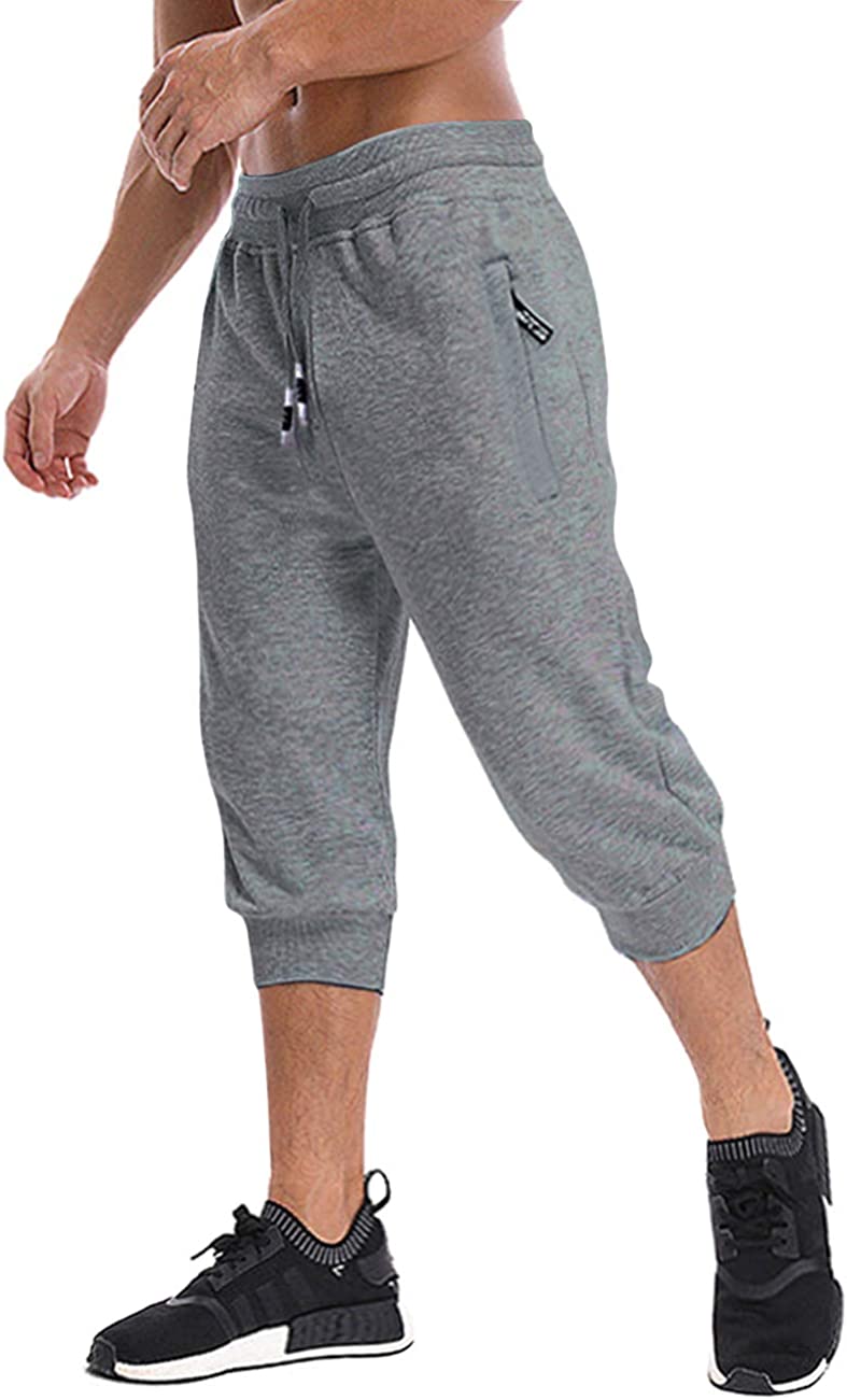 MAGNIVIT Men's 3/4 Jogger Capri Pants Workout Gym Below Knee Shorts Zipper Pockets