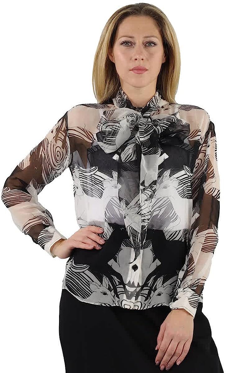 Burberry Ladies Monochrome Deer Print Silk Chiffon Pussy-bow Blouse