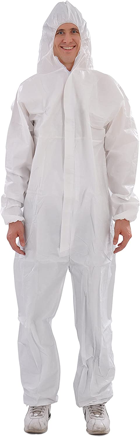 Raygard 30203 Microporous Disposable Coveralls Protective Breathable Hooded Suit with Elastic Cuffs, Ankles and Waist,Zip Front Opening, Serged Seams for Spray Paint Chemical Industrial(X-Large,White)