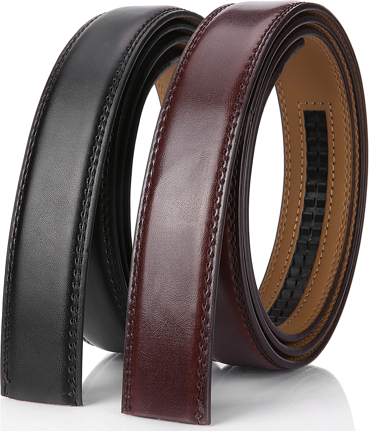 [2 Pack] Mio Marino Mens Genuine Leather Ratchet Belt Replacement Strap 1 1/8 Without Buckle