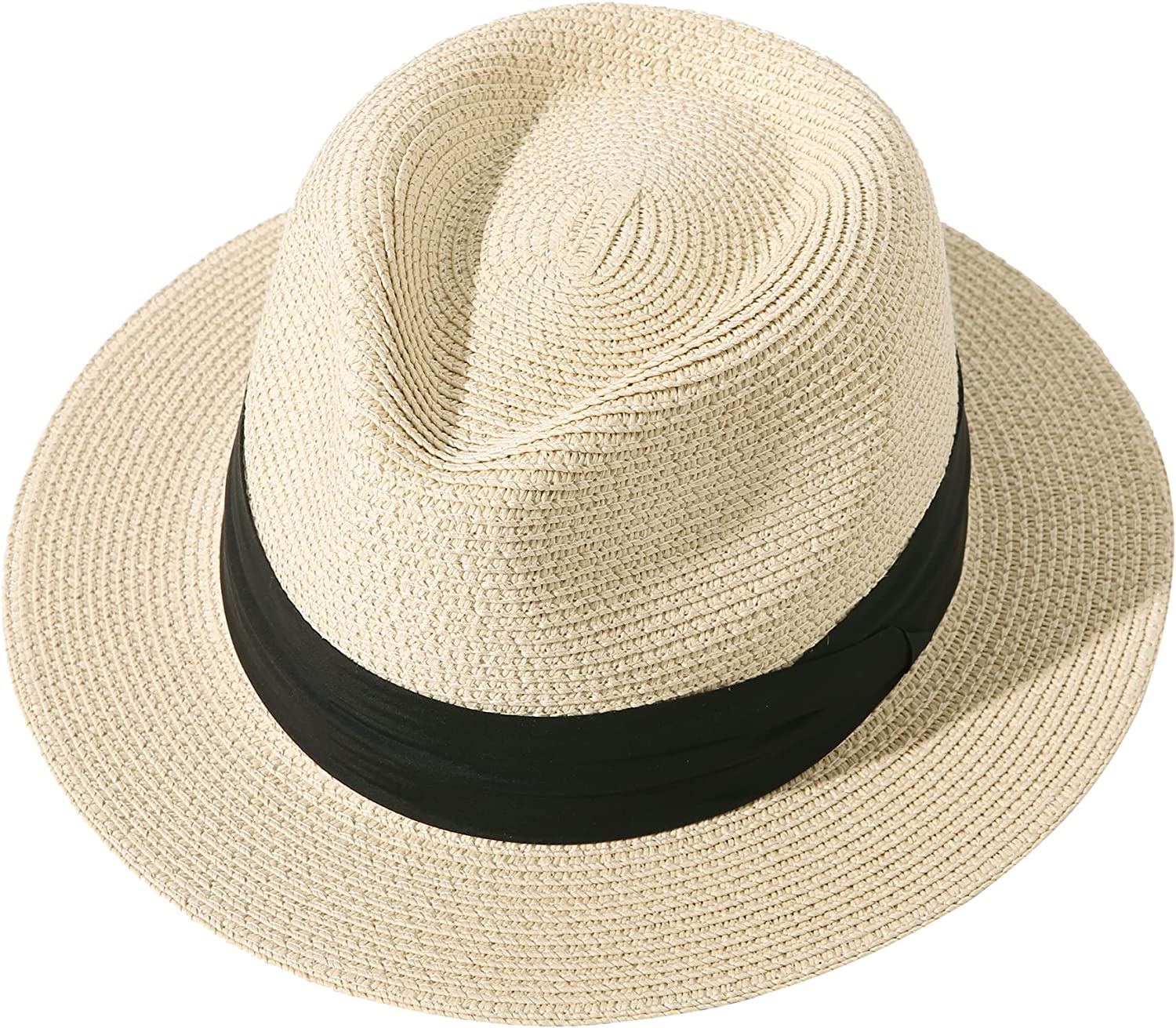 Lanzom Men Women Straw Sun Hat Short Brim Panama Fedora Beach Sun Hat Vacation Packable Roll Up Summer Hat