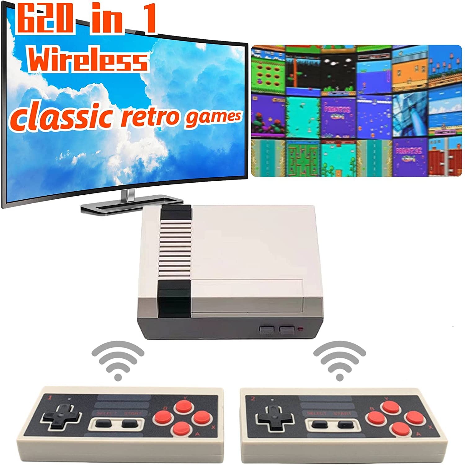 Classic Mini Retro Game Console with Built-in 620 Video Games and 2 Classic Wireless Controllers,AV Output Game System for Kids and Adults Ideal Gift.