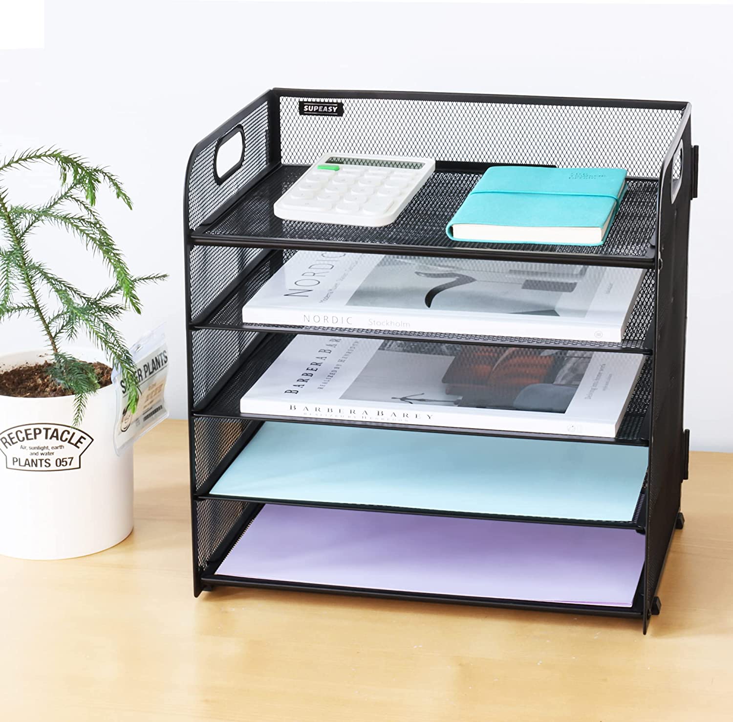 Supeasy 5 Trays Paper Organizer Letter Tray with Handle-Mesh Desk File Organizer,Black Paper Sorter Desk Organizer for Office,Home or School