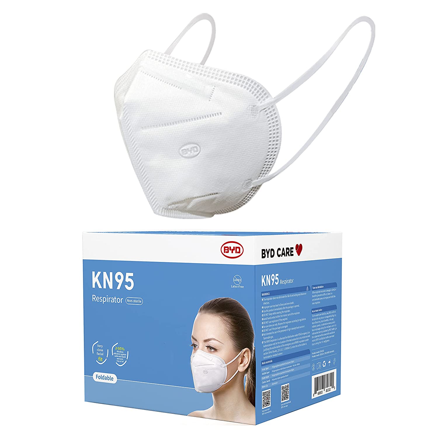 BYD CARE KN95 Respirator, 50 Pieces, Breathable & Comfortable Foldable Safety Mask with Ear Loop for Tight Fit, GB2626 White, Regular, 860003624845