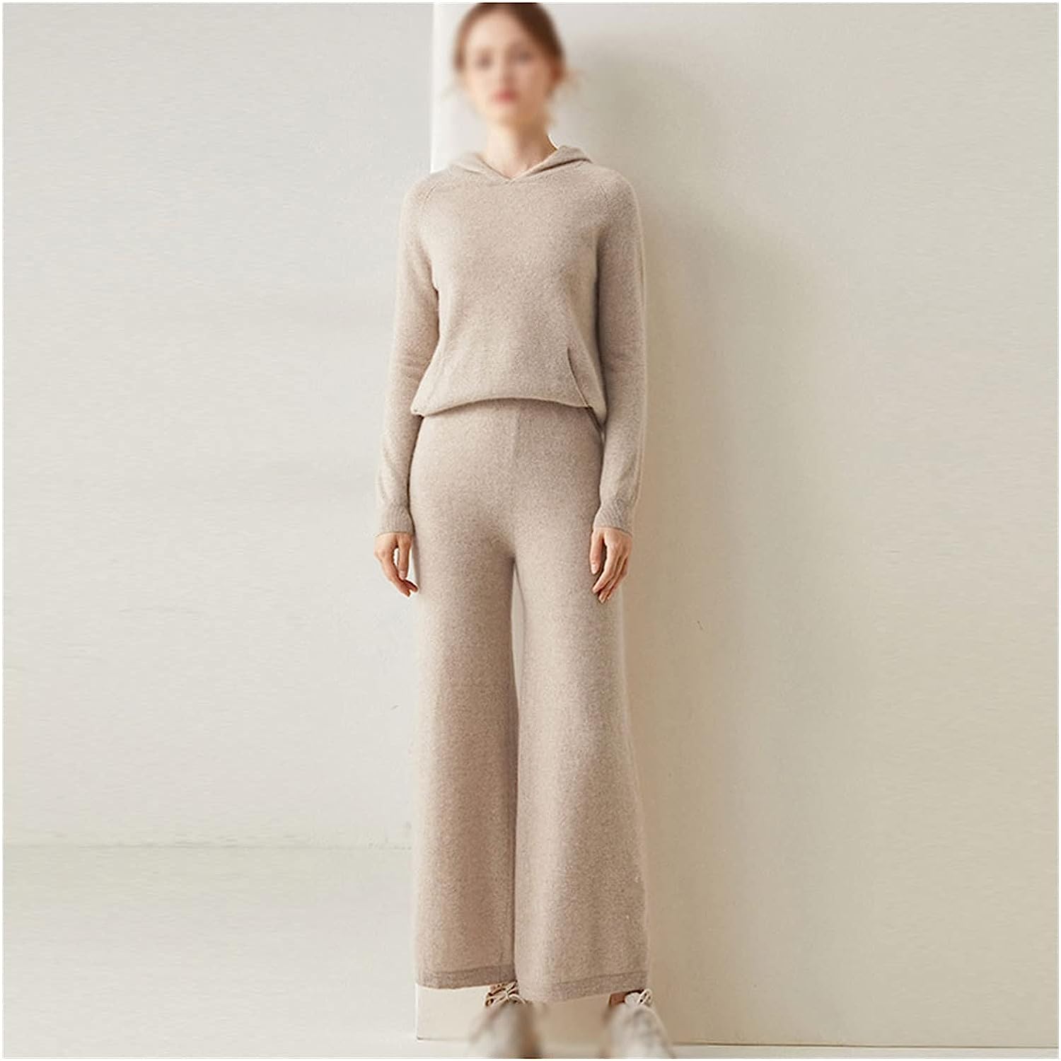 Walnut Two Pieces Cashmere Wool Suits Female Hooded Knit Sweater Set Warm Cashmere Knit Tops and Wide Leg Pant Sets (Color : D, Size : L Code)