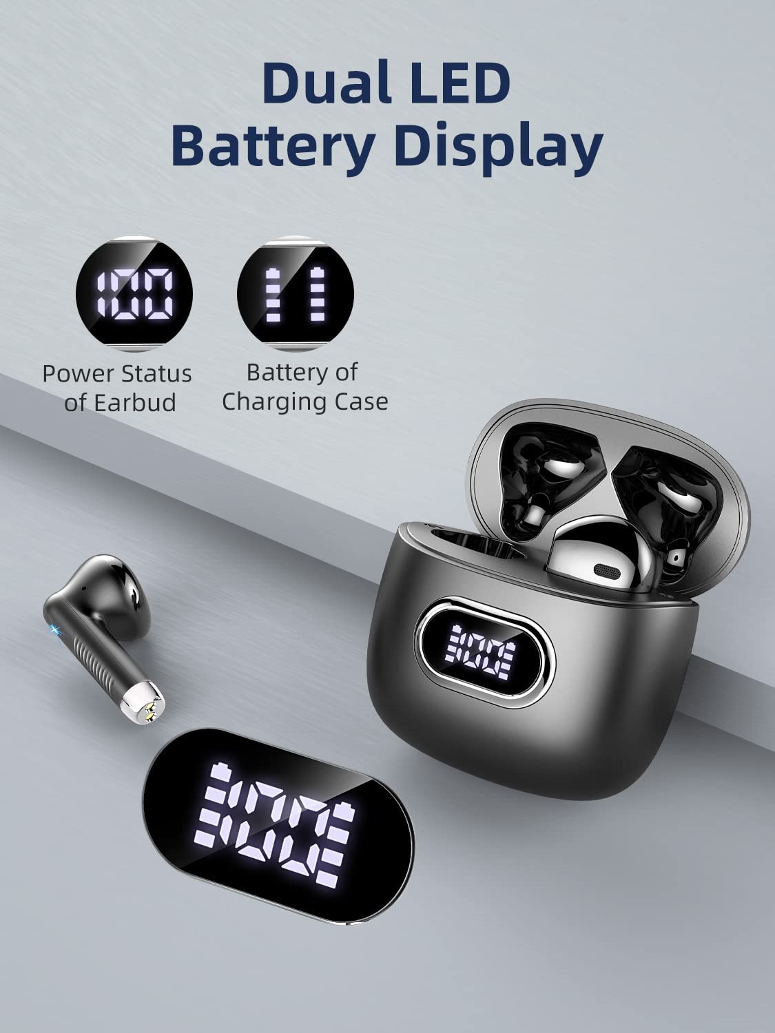 Wasart Wireless Earbud, Bluetooth 5.3 Headphones with 4 ENC Mics, 32H Bluetooth Earphones with Dual LED Display, Wireless Headphones in Ear IP7 Waterproof Bass, Ear Buds Noise Cancelling, USB-C, Black