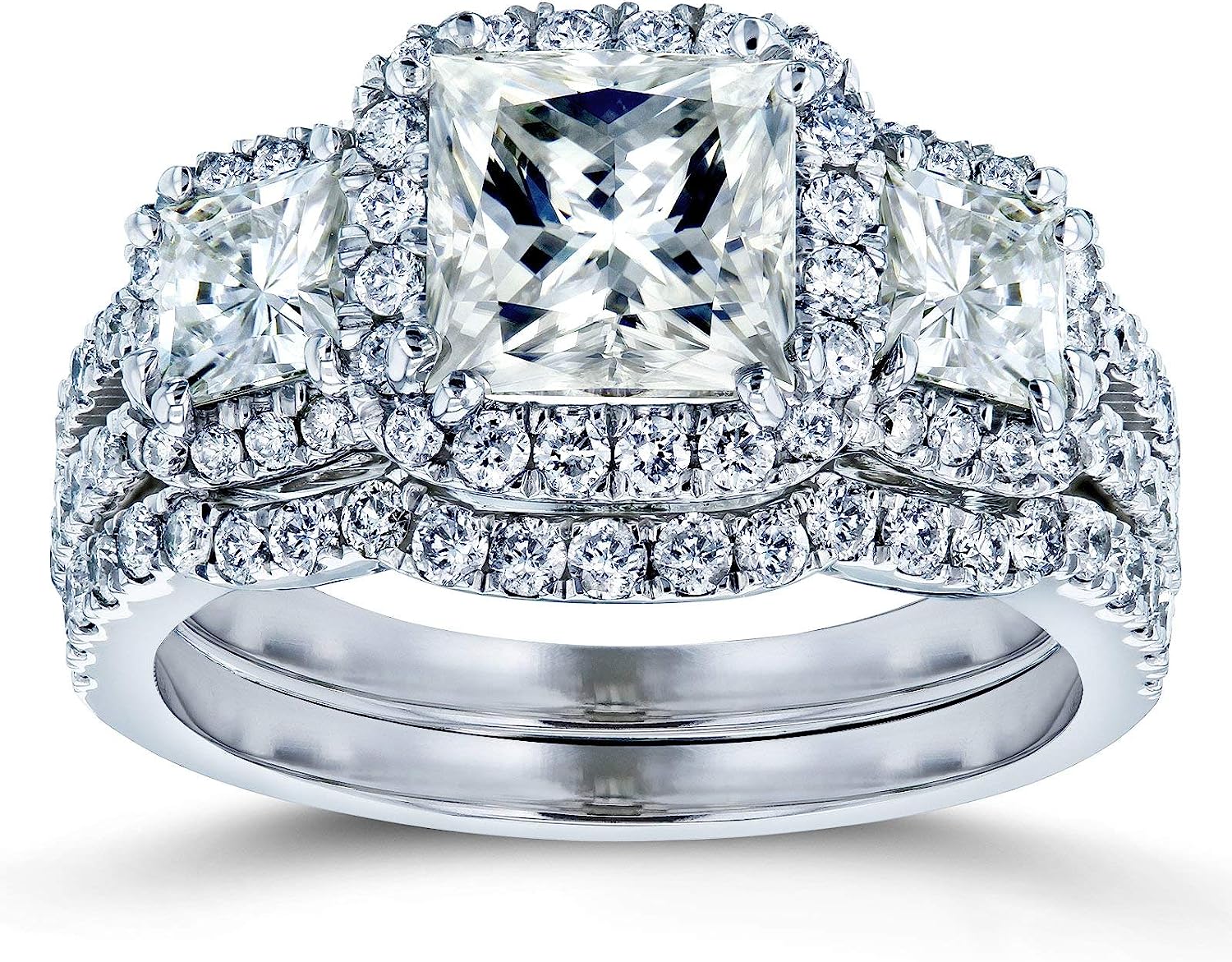 Kobelli Princess Moissanite Halo 3-Stone Bridal Rings Set 3 1/10 CTW 14k White Gold