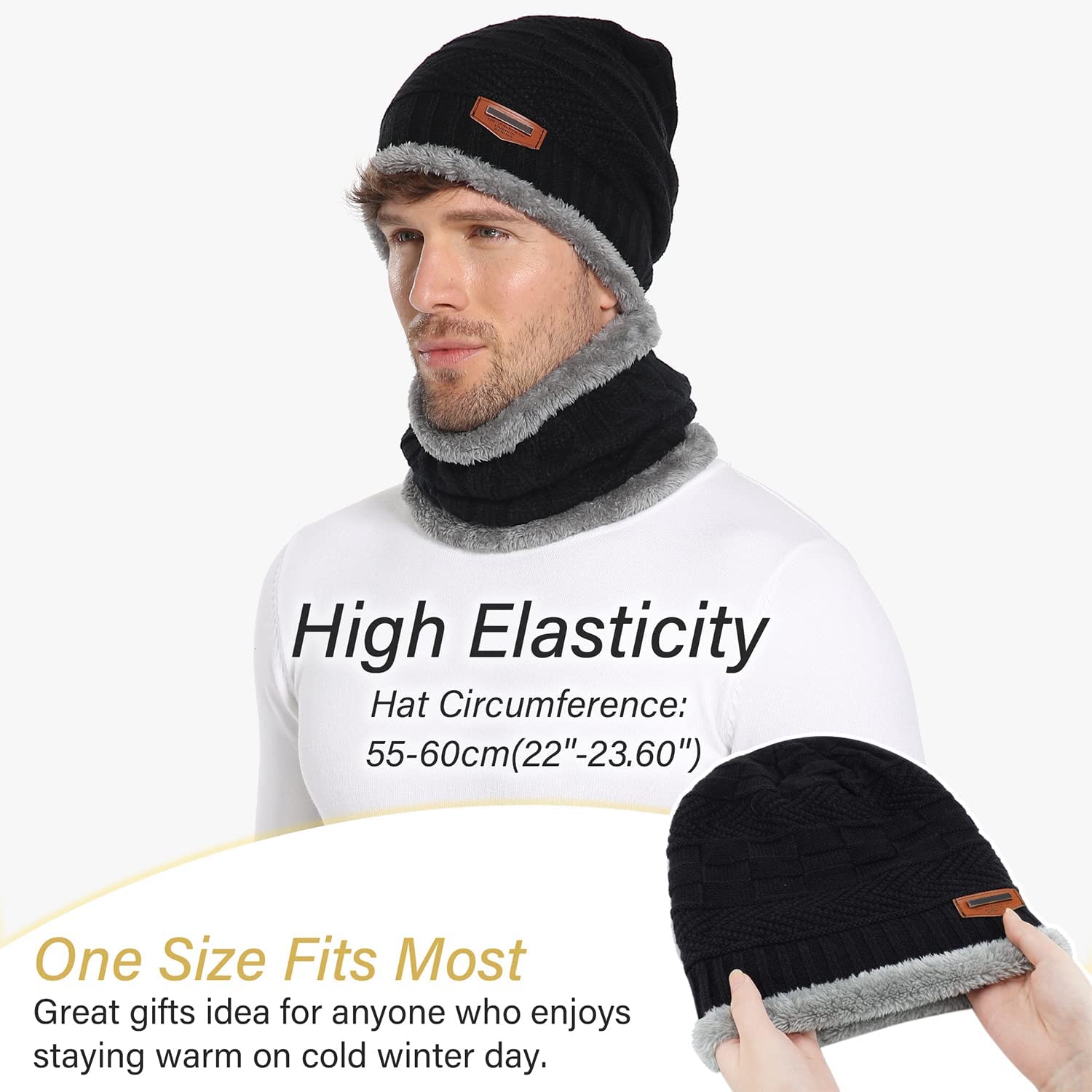 Mens Womens Winter Beanie Hat Scarf Set Warm Knit Hat Thick Fleece Lined Winter Cap Neck Warmer for Men Women