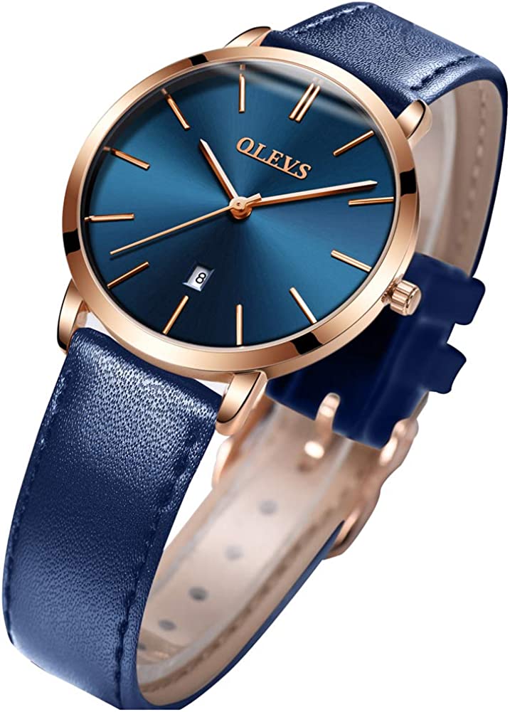 OLEVS Women's Watches for Ladies Female Wrist Watch Leather Band Waterproof Thin Minimalist Casual Simple Dress Quartz Analog with Date Calendar