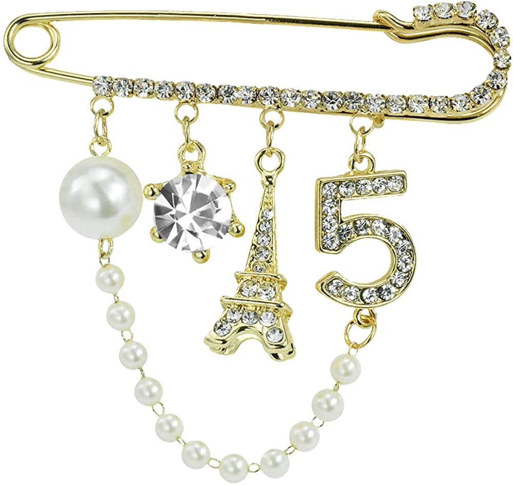 Mamfous Vintage Crown Number 5 Lapel Pins and Brooches for Women Rhinestone Jewelry with Simulated Pearl