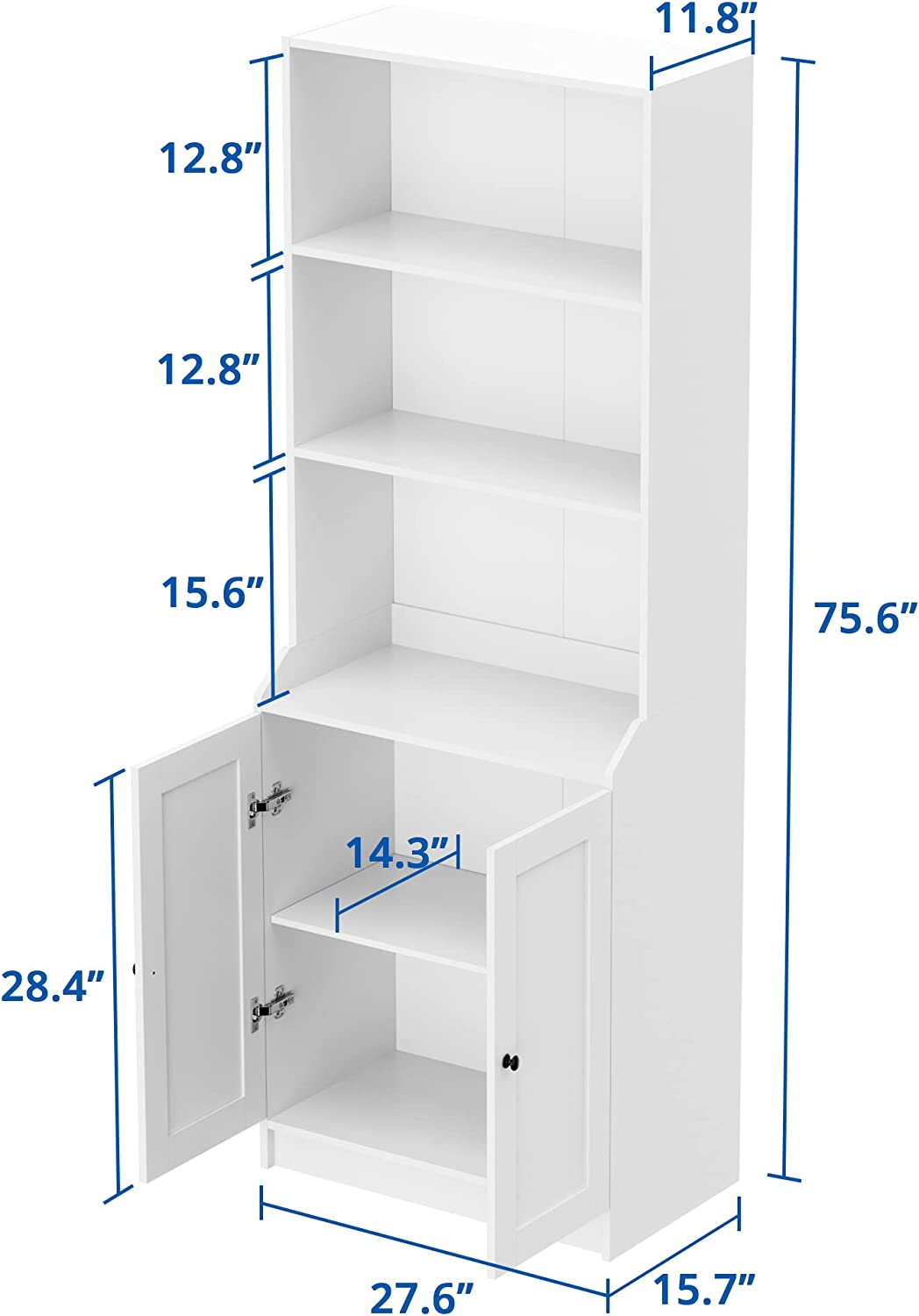 Cozy Castle White Bookshelf with Doors， Tall Bookcase with 3-Tier Open Shelves for Bedroom， Living Room， 27.6&#34; W x 15.7&#34; D x 75.6&#34; H