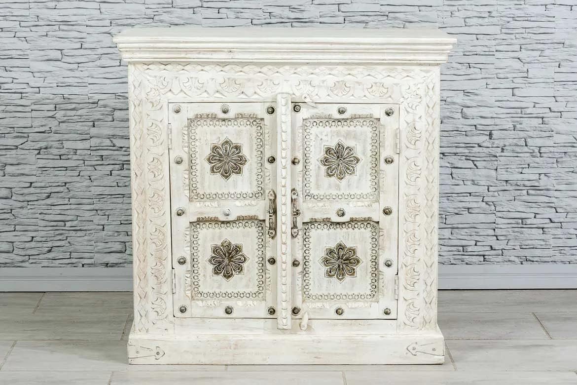 Antique Indian Brass Work Hand Carved Solid Wooden Sideboard White Mango Wood Indian Arched Sideboard Cabinet Storage Units Indian Solid Wood,Living Room Bedroom Furniture,Modern Sideboard