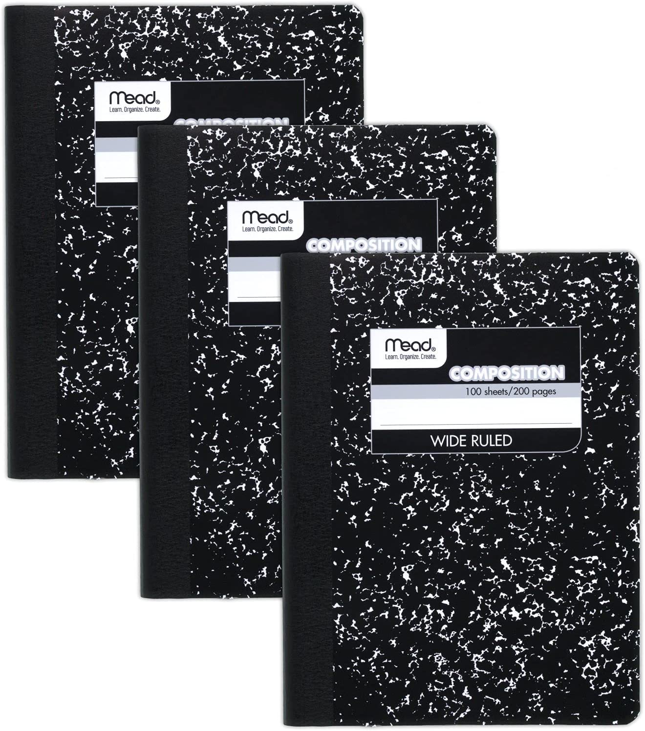 Mead Composition Notebook, Wide Ruled Paper, 9-3/4" x 7-1/2", 100 Sheets per Notebook, Black Marble (38301), Pack of 3