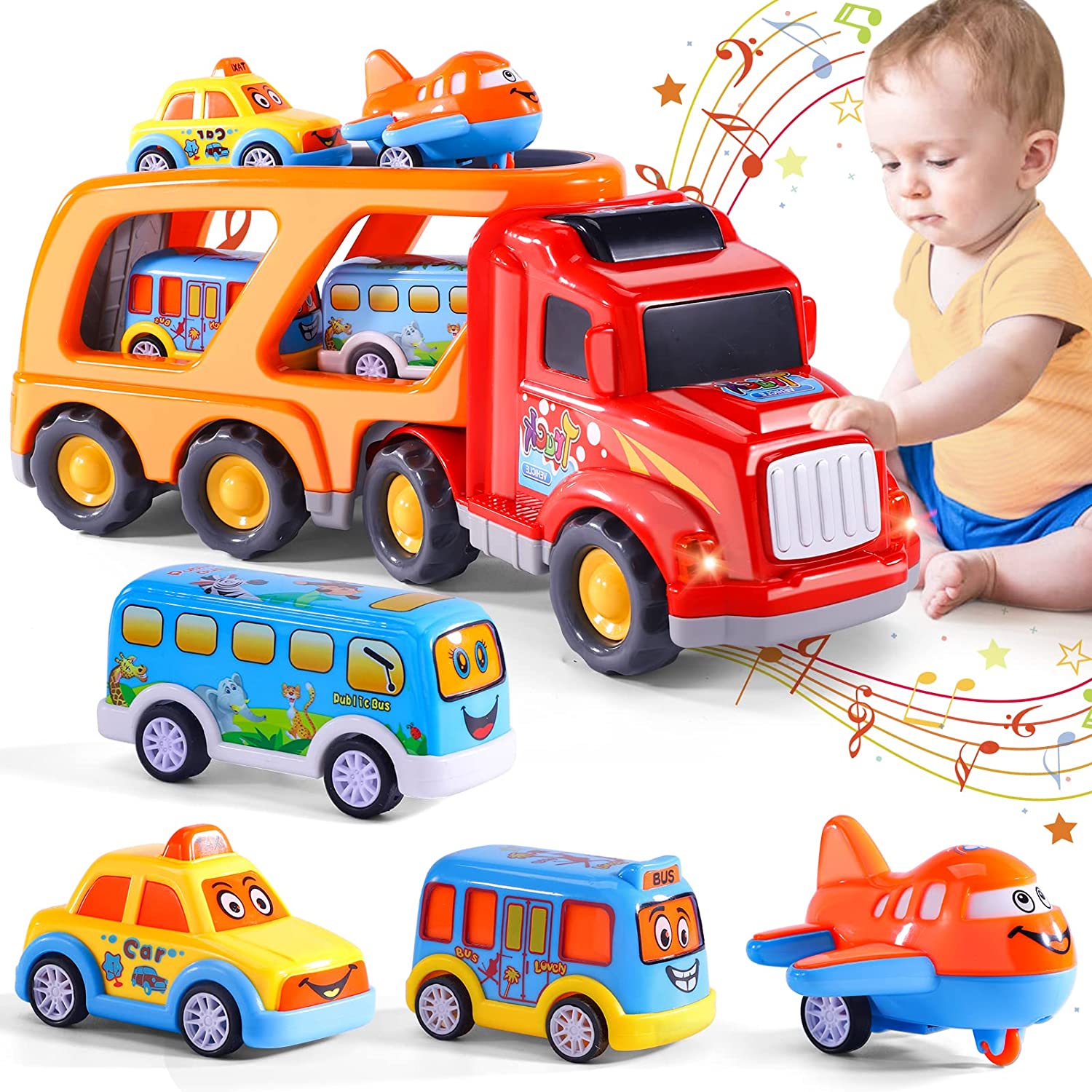 Bennol Carrier Toddler Trucks Vehicles Toys - 5 in 1 Car Toys for 1 2 3 4 5 Year Old Boys Toddlers, Cute Cartoon Kids Toy Cars Friction Power Set, Push and Go Play Cars and Trucks (RED)