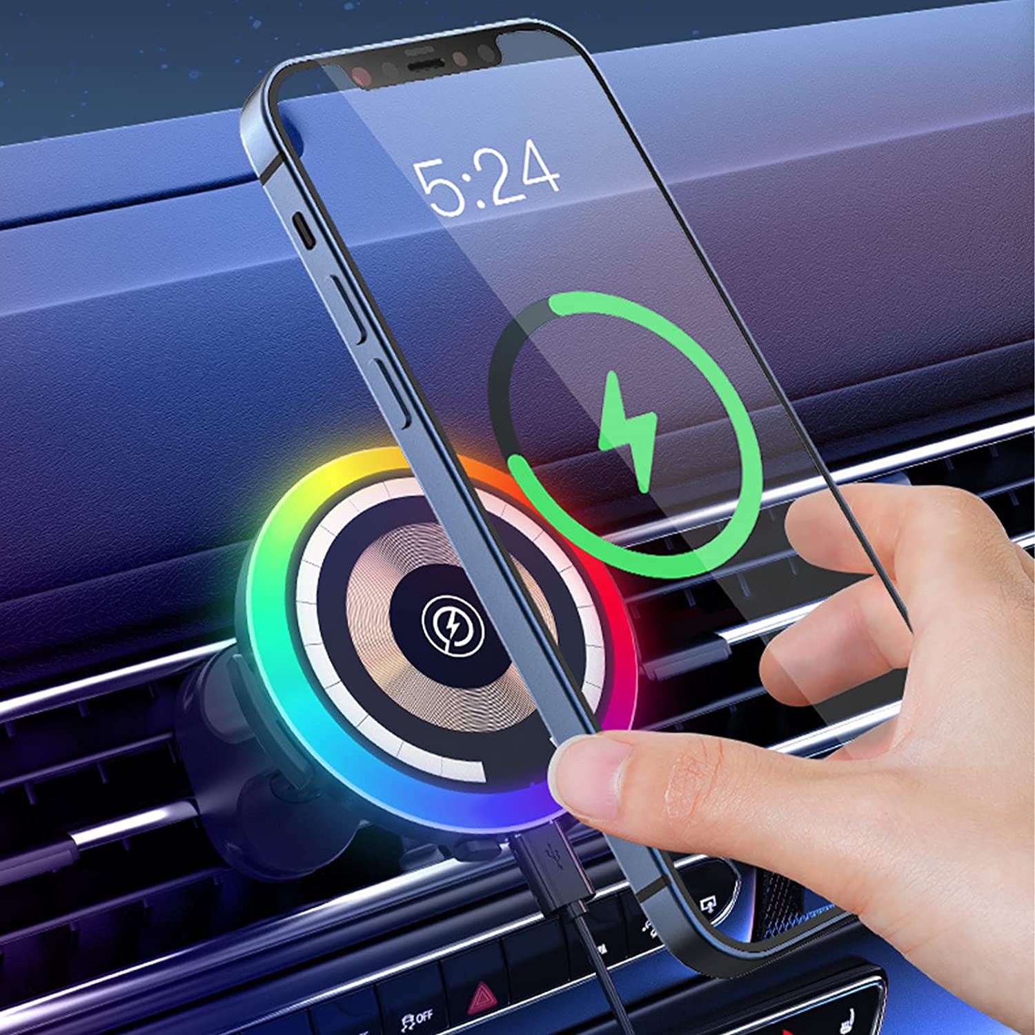 Yonput 1 PC Wireless Car Charger, 15W Decorative Rhythm Light Fast Charging Auto-Clamping Air Vent Car Phone Holder Mount Compatible with iPhone13/12/11/Pro/Mini/Xr/Xs/X/8, Samsung S22/S22