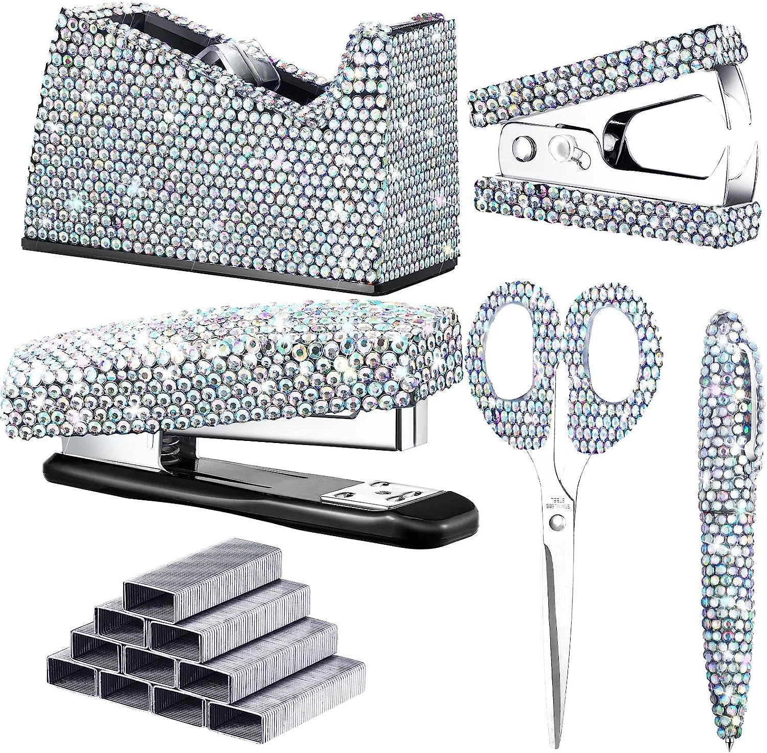 6 Pack Bling Office Stationery Set Desk Accessory Office Set Includes Pen Scissor Stapler Staple Remover 1000 Pcs Staples Tape Dispenser with Diamond Inlay for Office Home Desk Supplies (Silver)