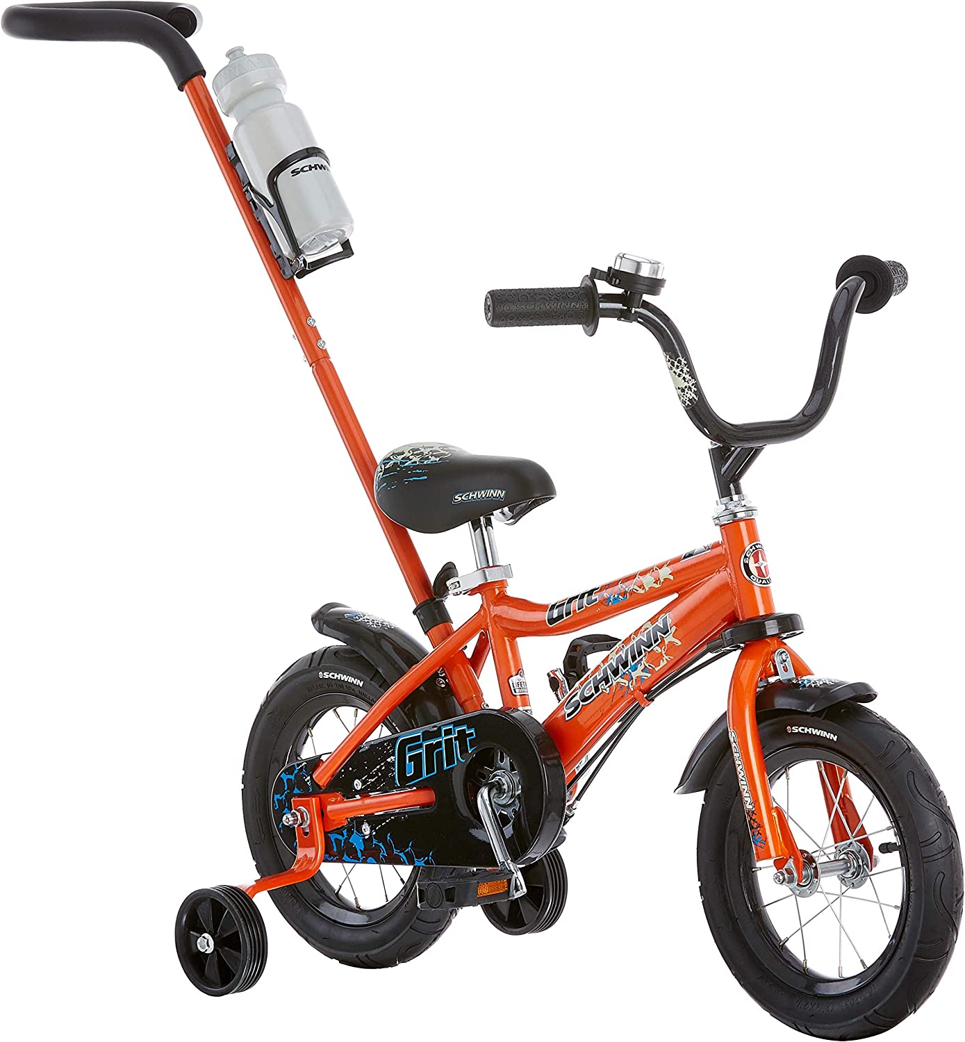 Schwinn Grit and Petunia Steerable Kids Bike, Boys and Girls Beginner Bicycle, 12-Inch Wheels, Training Wheels, Easily Removed Parent Push Handle with Water Bottle Holder, Multiple Colors