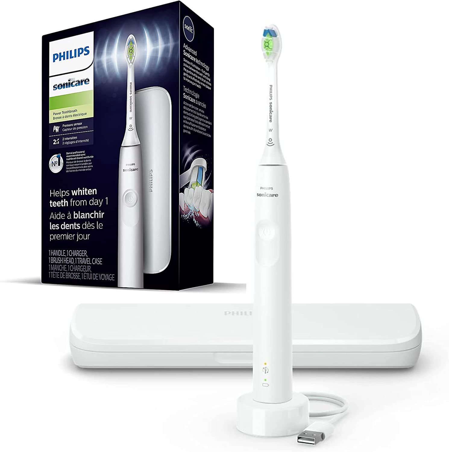 PHILIPS Sonicare Electric Toothbrush DiamondClean, Phillips Sonicare Rechargeable Toothbrush with Pressure Sensor, Sonic Electronic Toothbrush, Travel Case, White