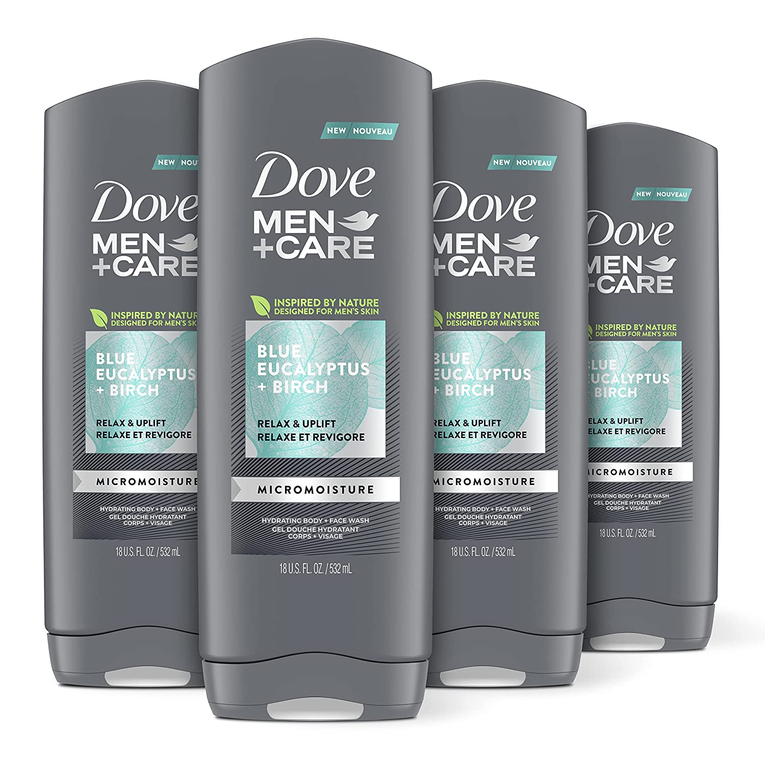 Dove Men+Care Mens Body Wash Blue Eucalyptus and Birch 4 Count Dry Skin Body Wash with Micromoisture, Effectively Washes Away Bacteria While Nourishing Your Skin, 18 oz