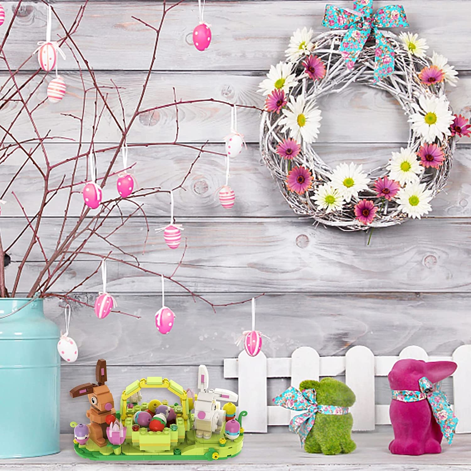 Ouriky Easter Bunny and Basket Building Kit， 422 Pcs Easter Rabbits Display Building Brick Toy Building Sets， Easter Basket Stuffers Easter Basket Bunny Building Toys Easter Gifts for Boys Girls Kids