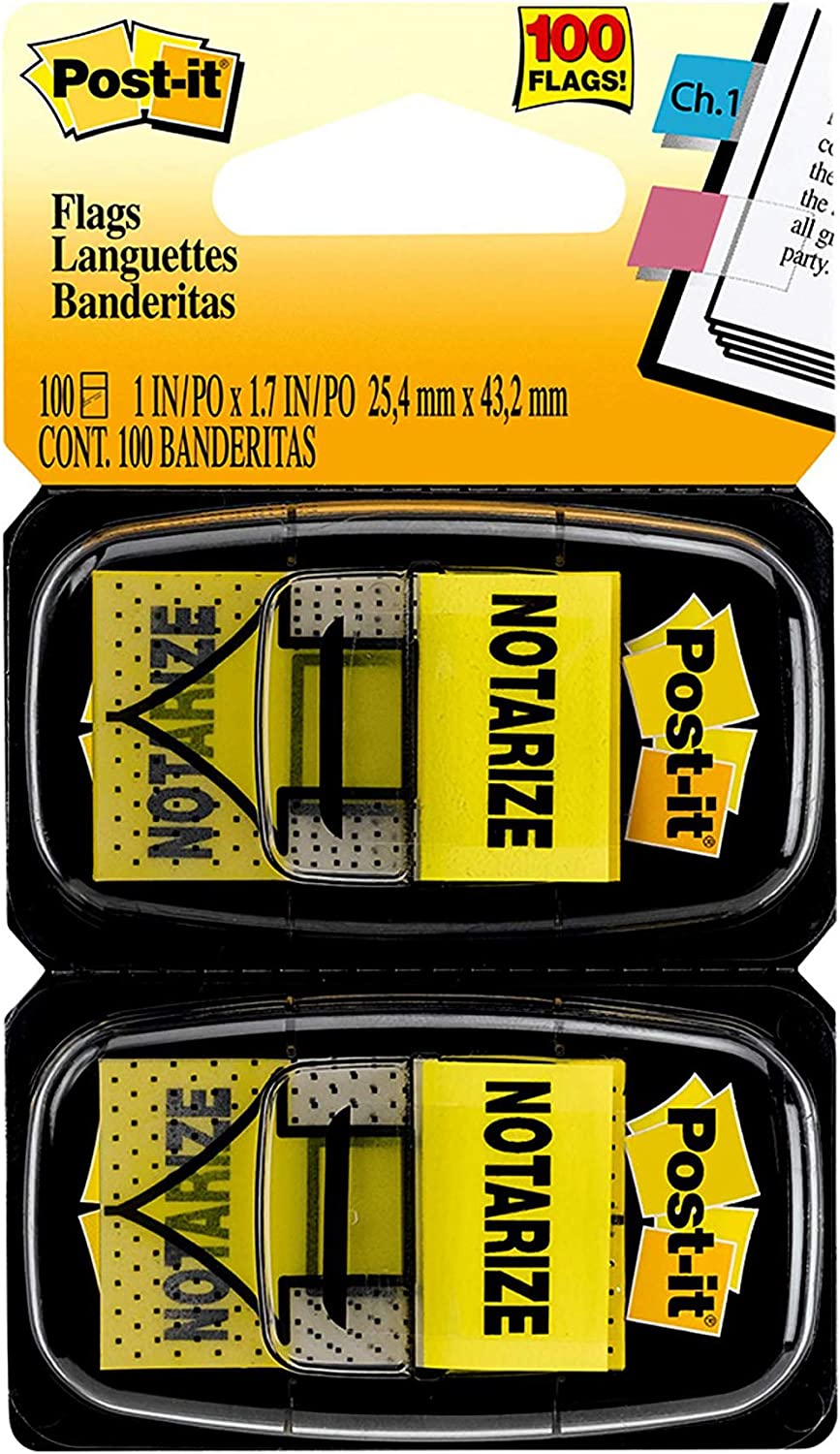 Post-it "Notarize" Flags, 50/Dispenser, 2 Dispensers/Pack, 1 in Wide, Yellow (680-NZ2)