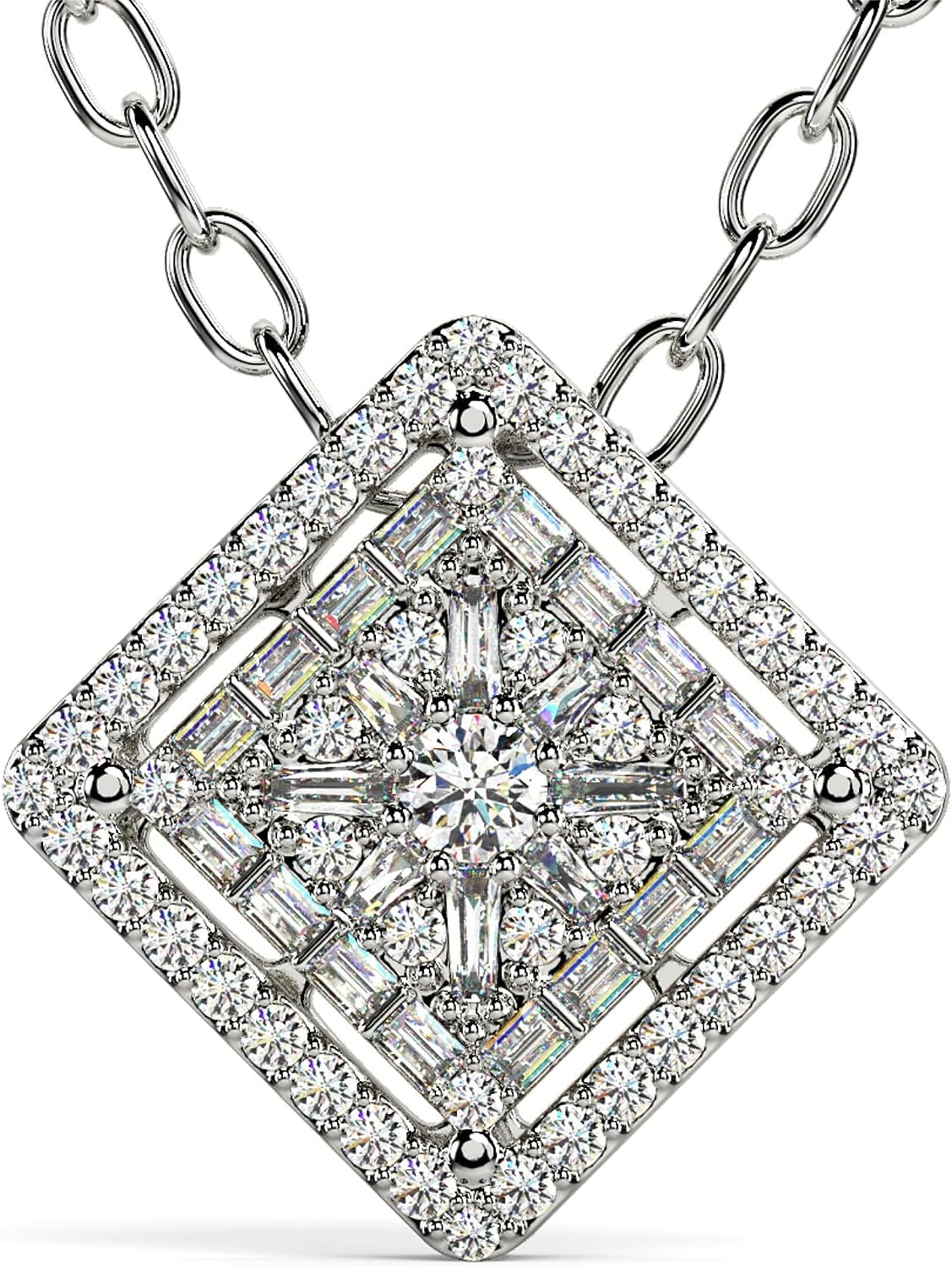 14K White Gold Diamond Pendant Necklace, 0.60 TCW Pave Setting Natural Elegant (SI2-I1, F, Very Good Cut) Round & Baguette Cut Diamonds, Width 5 mm, Height 12.10mm, Length 12.10mm, Jewelry For Women
