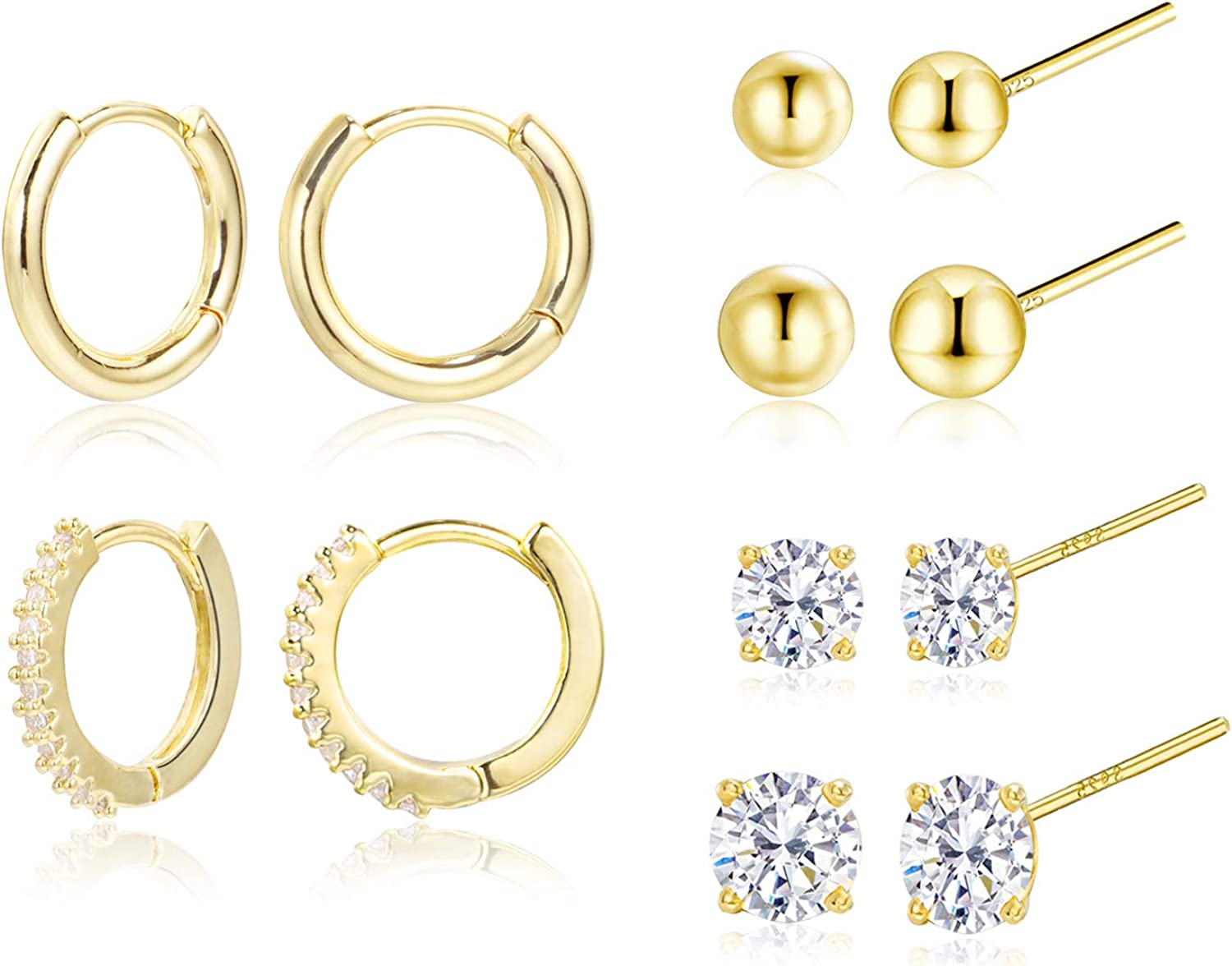 Earring Sets for Multiple Piercing | 14K Gold Plated Studs Earrings and Hoops Set Hypoallergenic Small Hoop CZ Ball Studs Earrings for Women Girls（6 Pairs）