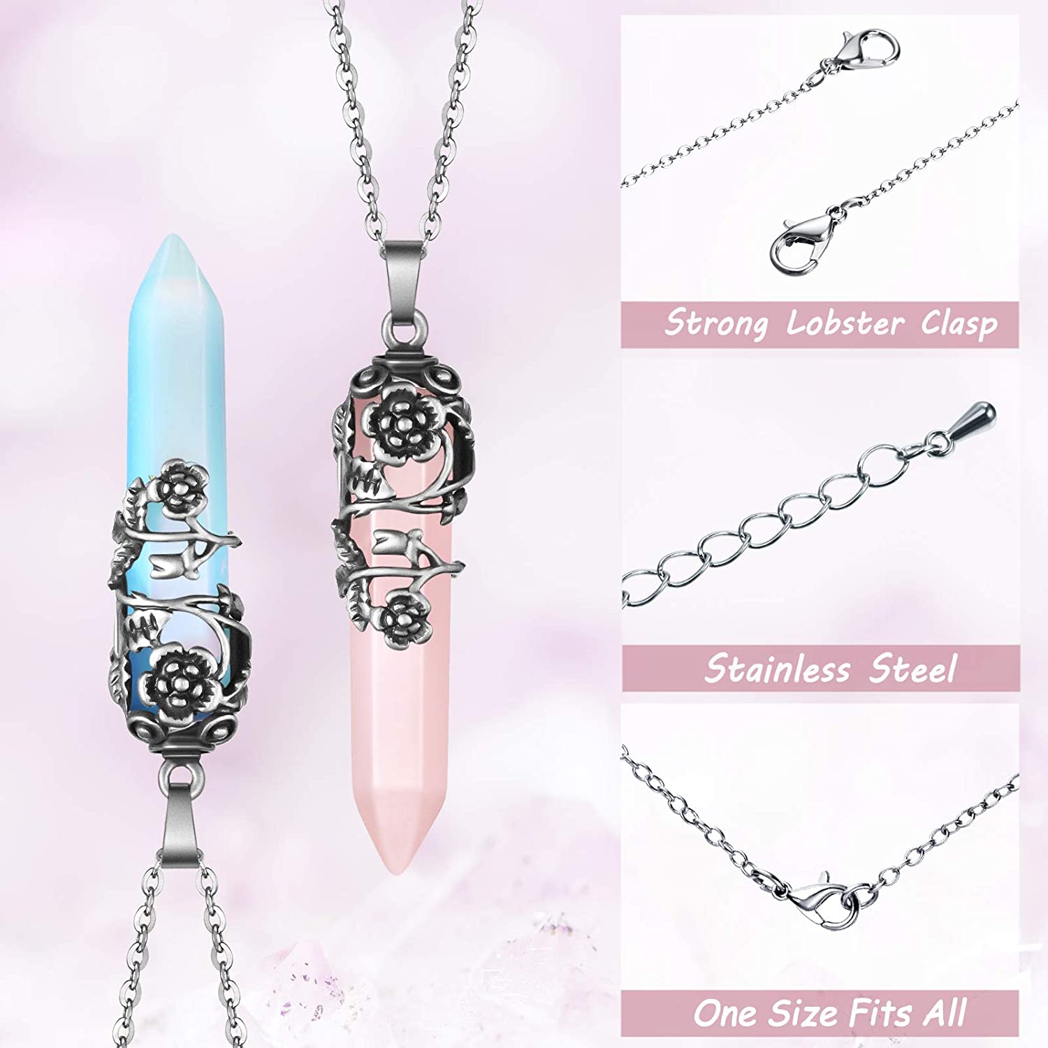 Hexagonal Healing Crystal Necklace Natural Prism Stone Pendant Flower Wrapped Pointed Quartz Yoga Energy with Chain