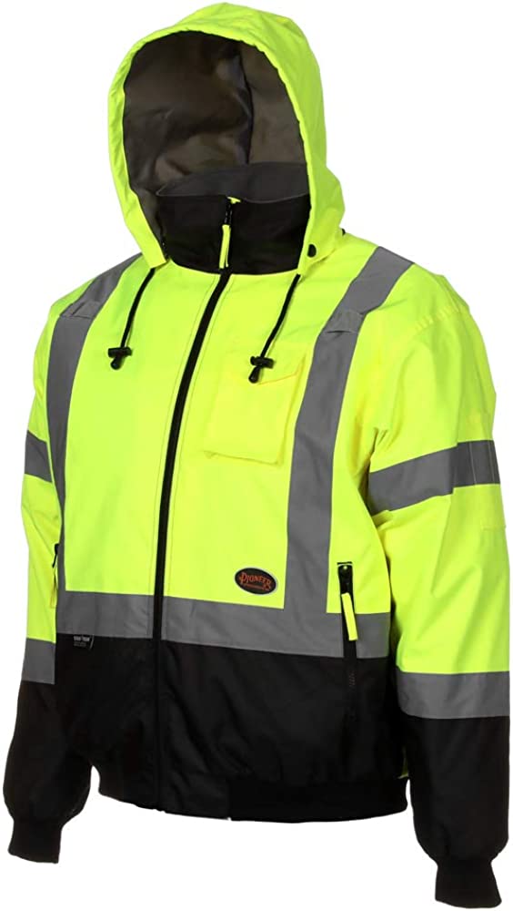 Pioneer High Vis Safety Bomber Jacket For Men – Waterproof Reflective Rain Gear – Class 3 – Detachable Hood – Yellow/Black