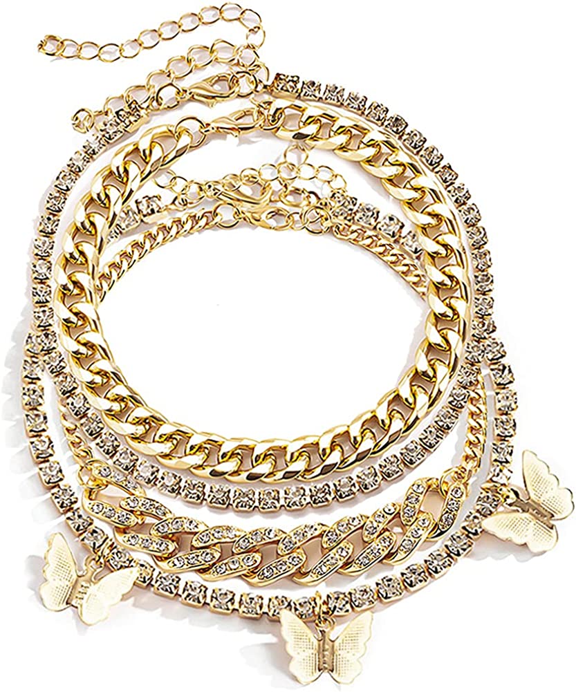 HaHaGirl Layered Butterfly Anklet for Women Girls Charms Butterfly Ankle Gold Silver Rhinestone Cuban Anklets Hip Hop Bulk Adjustable Braided Chain Anklet for Summer Beach
