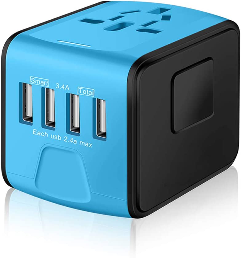 SAUNORCH Universal International Travel Power Adapter W/Smart High Speed 2.4A 4xUSB Wall Charger, European Adapter, Worldwide AC Outlet Plugs Adapters for Europe, UK, US, AU, Asia-Blue