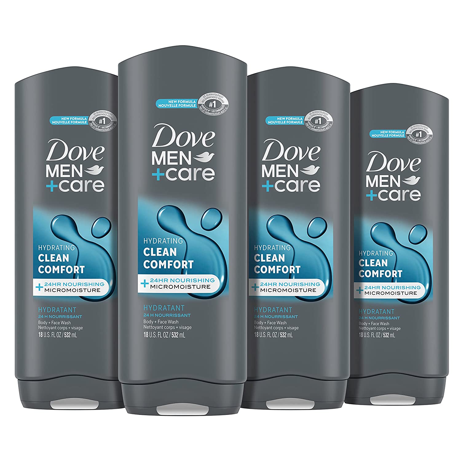 Dove Men+Care Body and Face Wash Clean Comfort 4 Count for Healthier and Stronger Skin Effectively Washes Away Bacteria While Nourishing Your Skin, 18 oz